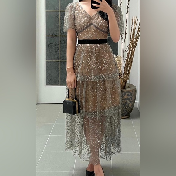 Self-portrait Sequin Embellished Silver leaf layered midi dress size xs - Picture 5 of 8